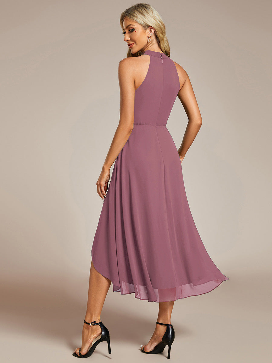 Robe D'invité De Mariage En Mousseline De Soie Mi-Longue Plissée à Manches à Volants Et Col En V #Couleur_Orchidee