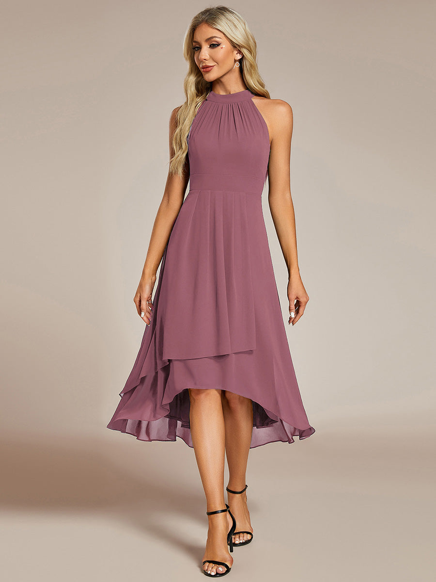 Robe D'invité De Mariage En Mousseline De Soie Mi-Longue Plissée à Manches à Volants Et Col En V #Couleur_Orchidee