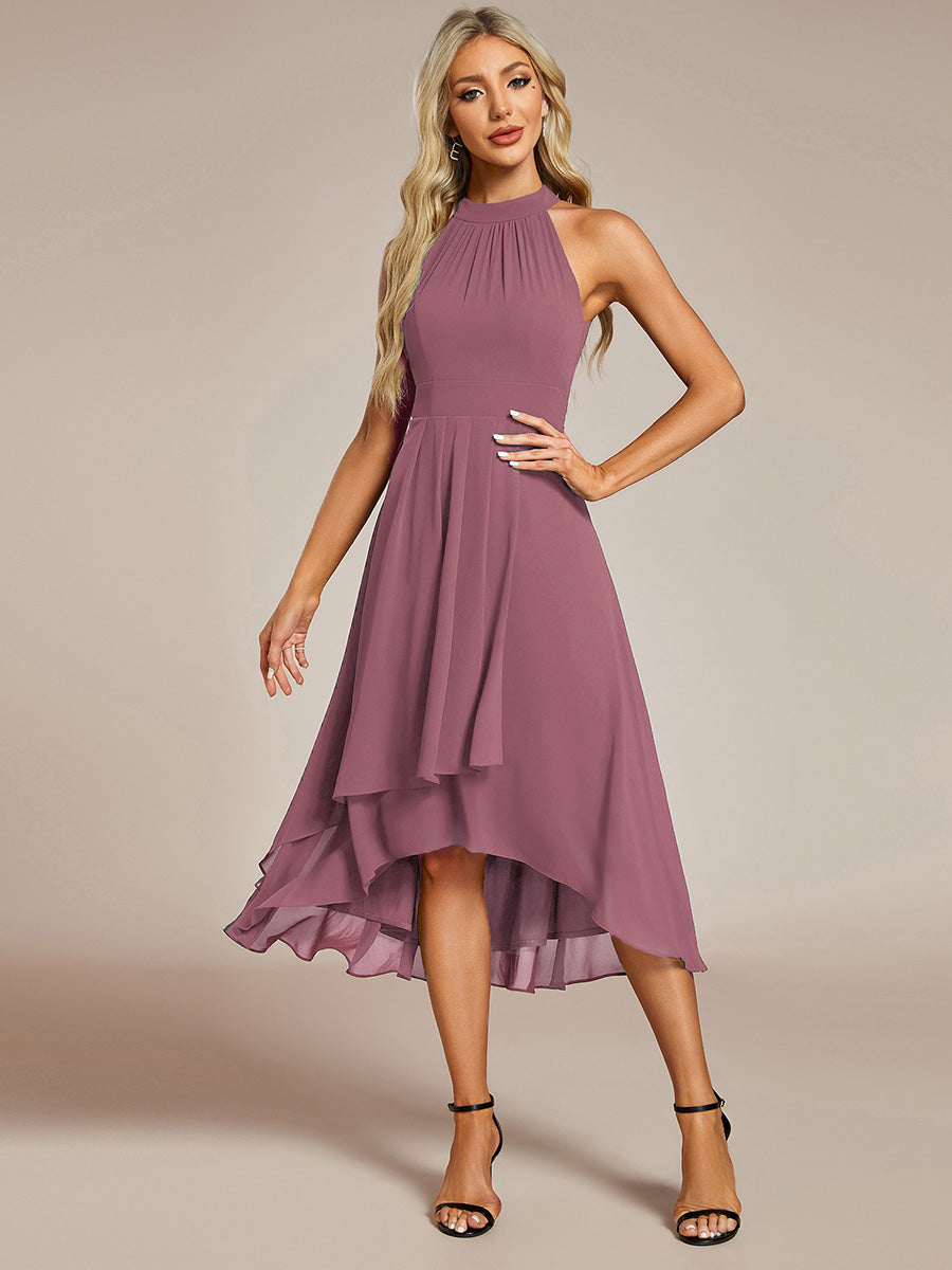 Robe D'invité De Mariage En Mousseline De Soie Mi-Longue Plissée à Manches à Volants Et Col En V #Couleur_Orchidee