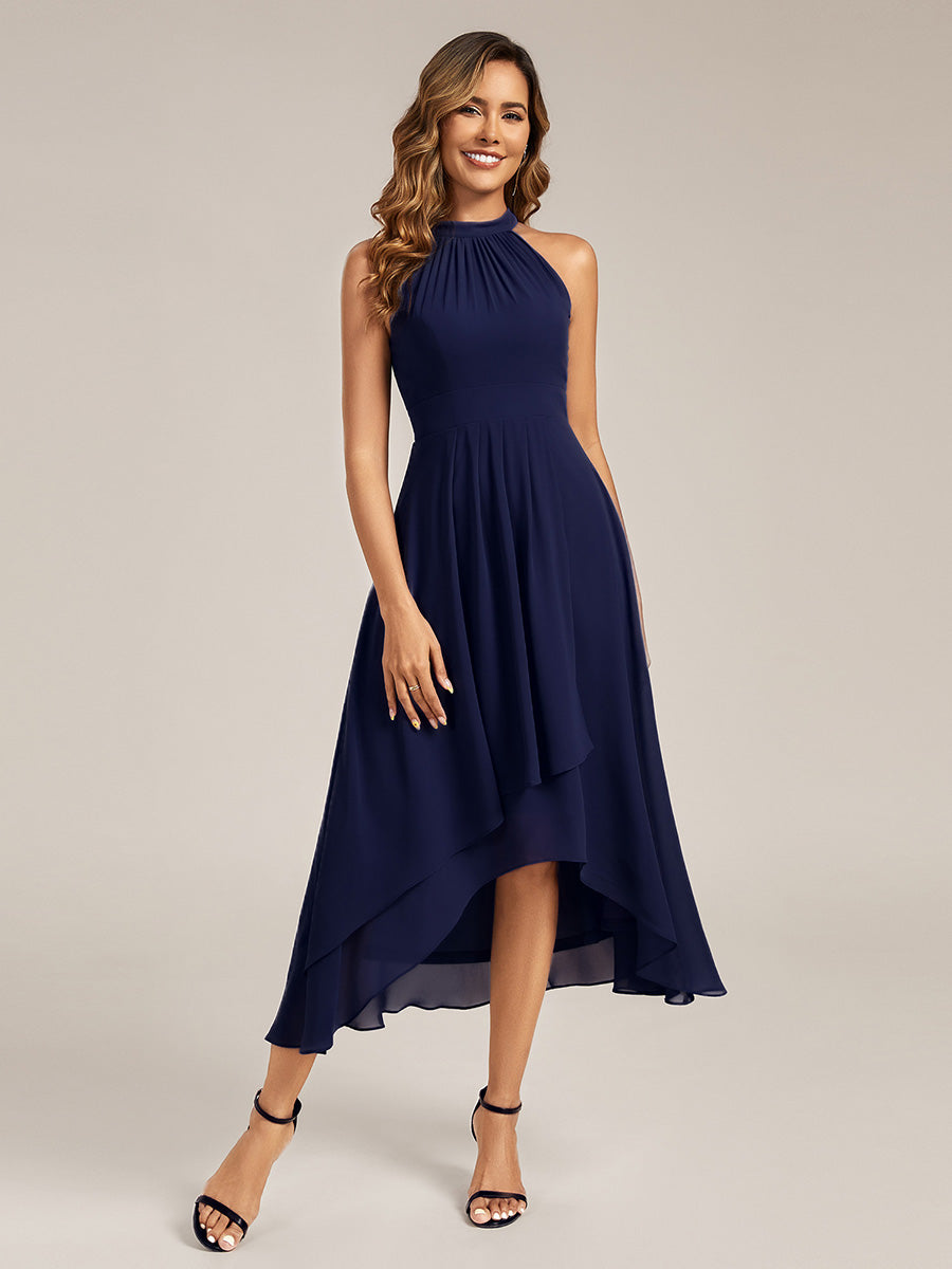 Robe de mariée trapèze sans manches en mousseline plissée #Couleur_Bleu Marine