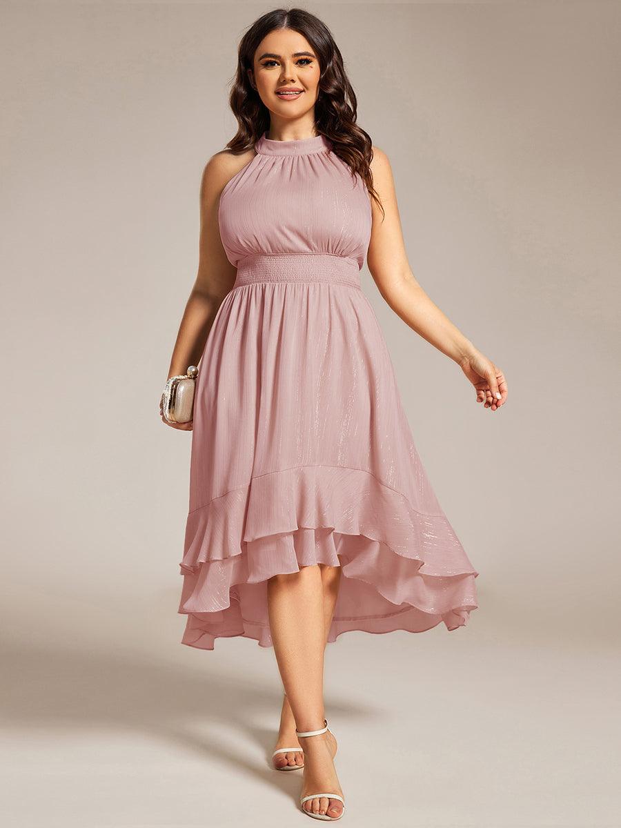 Robe d'invité de mariage plissée à volants haut-bas scintillante à col licou #Couleur_Rose fumee
