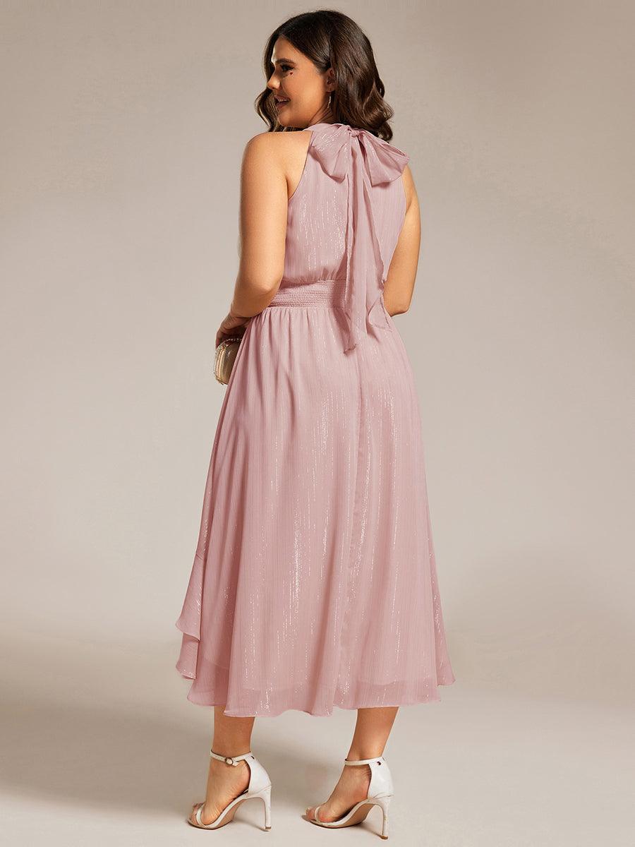 Robe d'invité de mariage plissée à volants haut-bas scintillante à col licou #Couleur_Rose fumee