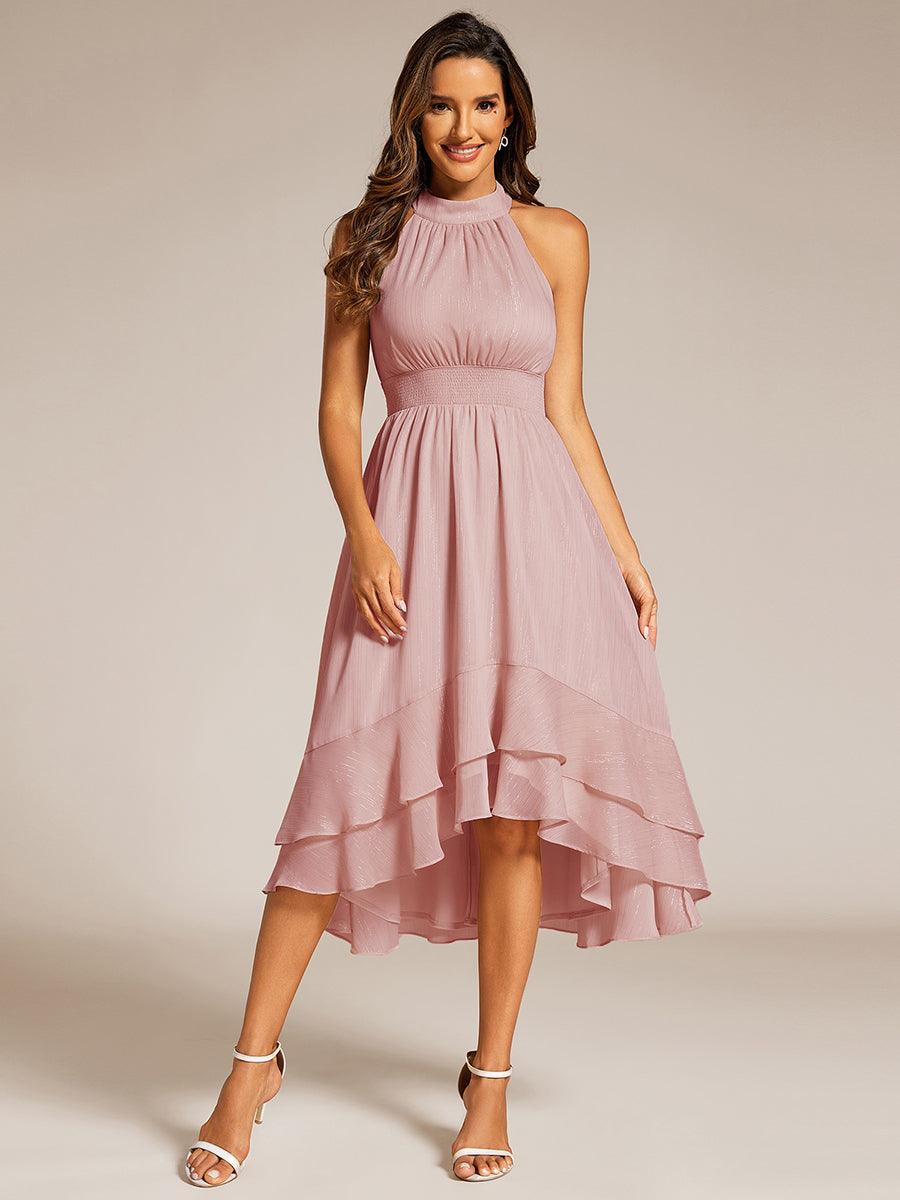 Robe d'invité de mariage plissée à volants haut-bas scintillante à col licou #Couleur_Rose fumee