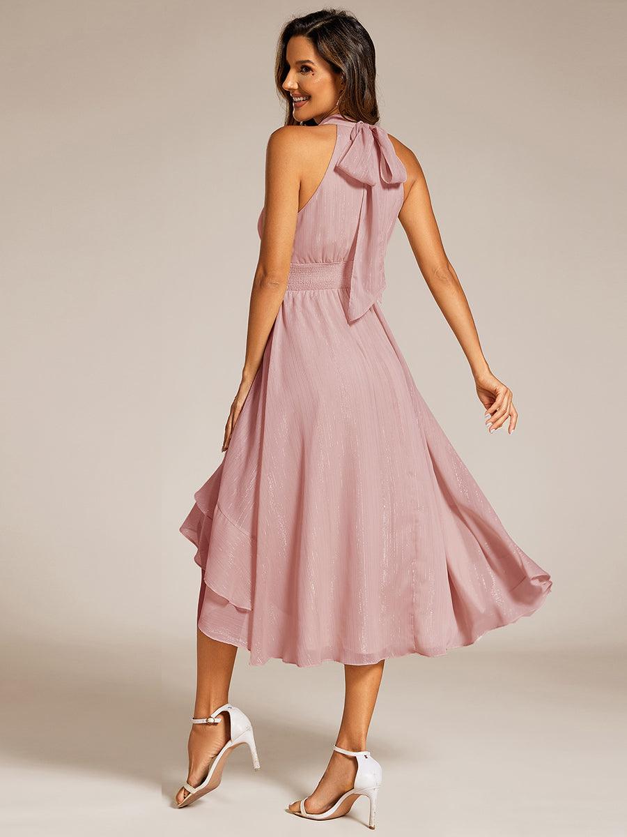 Robe d'invité de mariage plissée à volants haut-bas scintillante à col licou #Couleur_Rose fumee