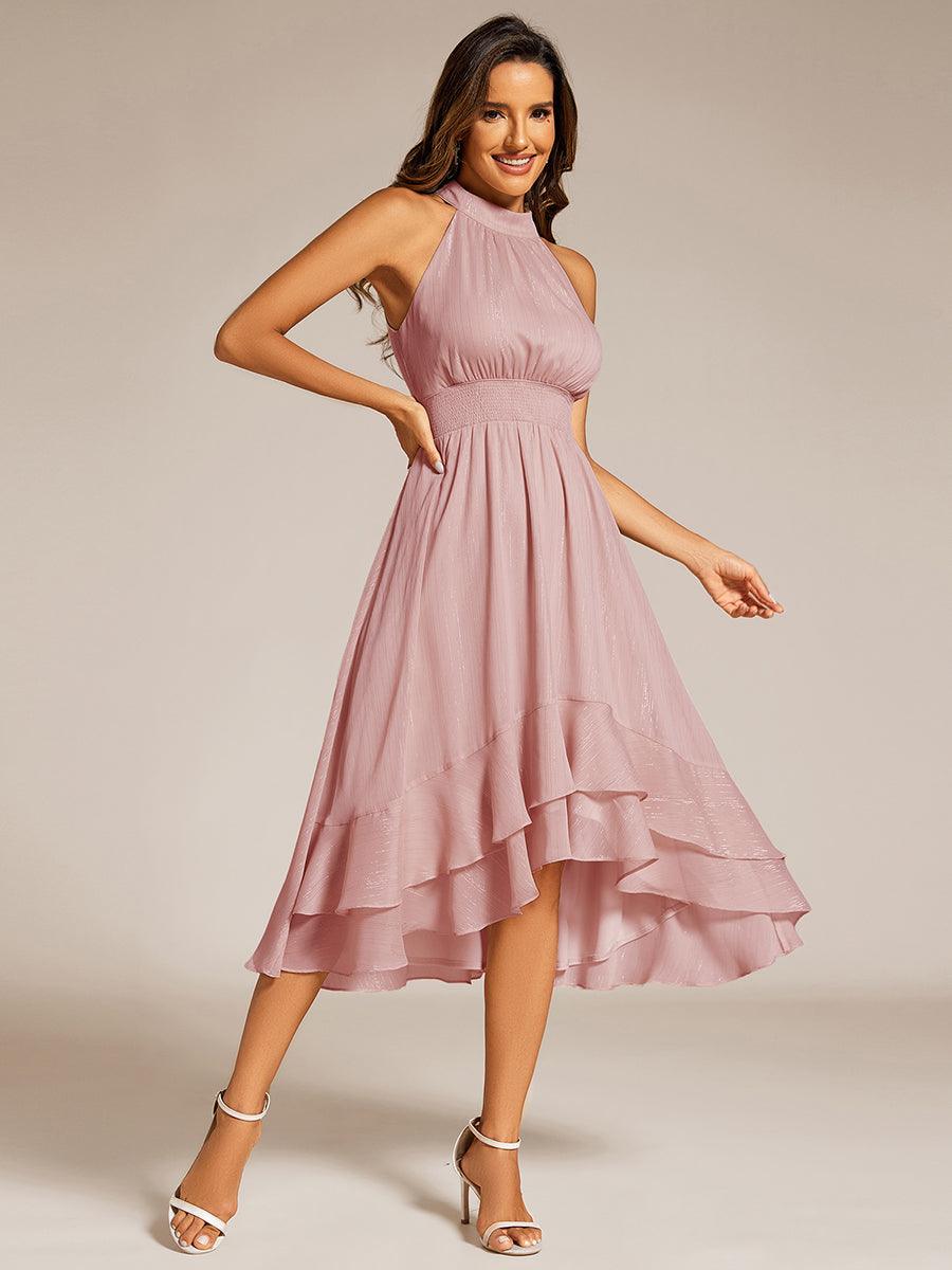 Robe d'invité de mariage plissée à volants haut-bas scintillante à col licou #Couleur_Rose fumee
