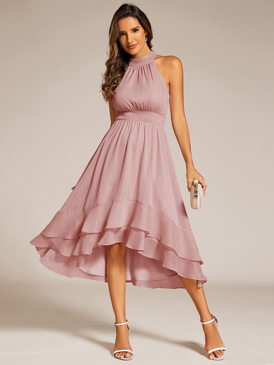 Robe d'invité de mariage plissée à volants haut-bas scintillante à col licou #Couleur_Rose fumee