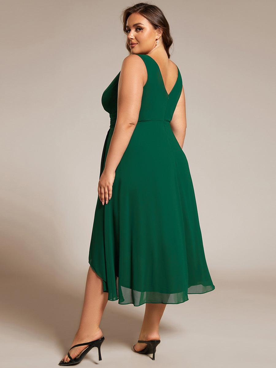 Robe d'invité de mariage élégante en mousseline de soie plissée sans manches à col en V #Couleur_Vert Fonce