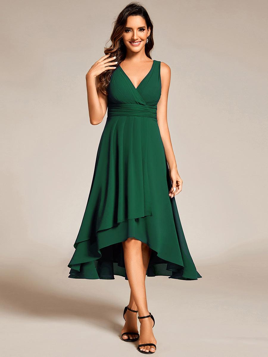 Robe d'invité de mariage élégante en mousseline de soie plissée sans manches à col en V #Couleur_Vert Fonce