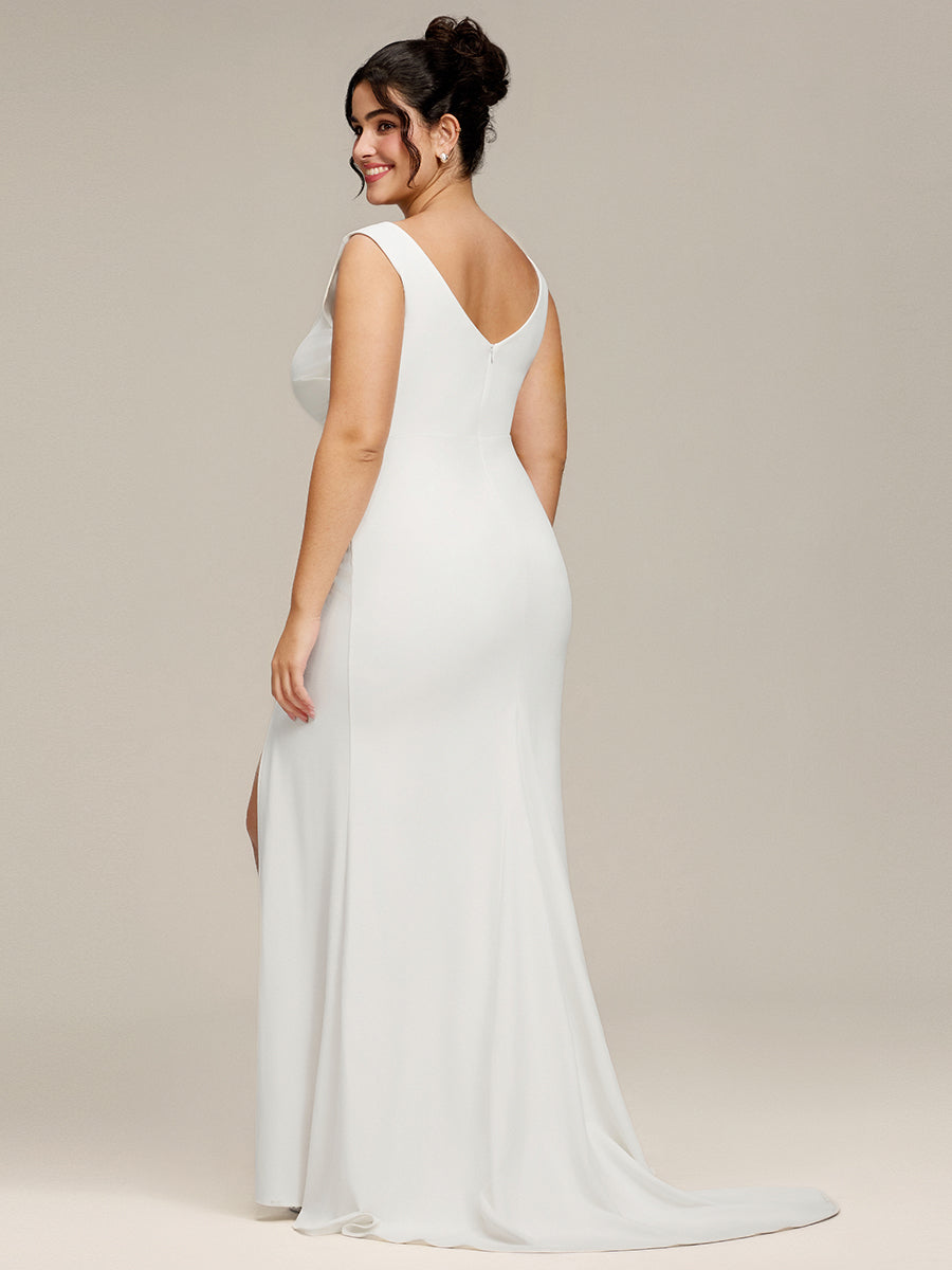 Robe de mariée ajustée et évasée en cœur froncée sans manches #Couleur_Blanc