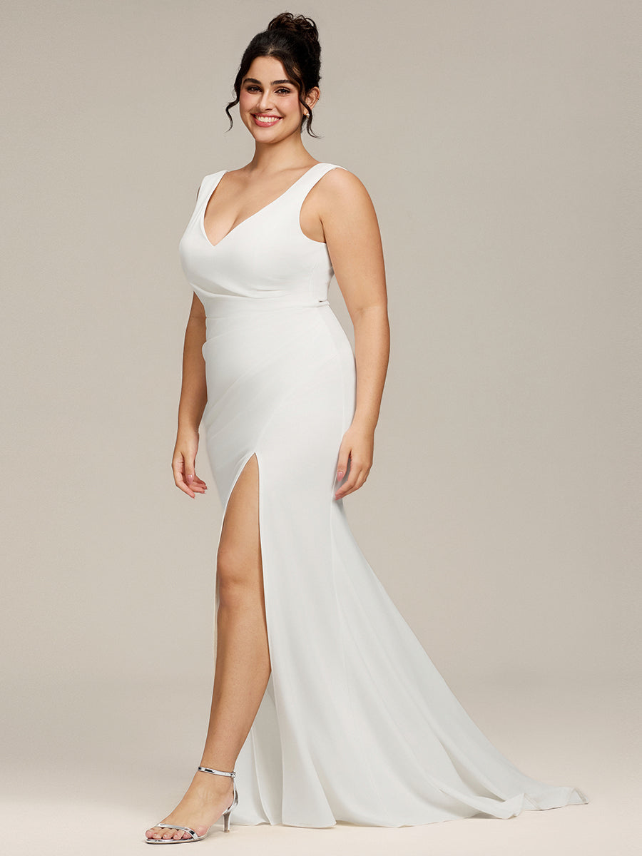 Robe de mariée ajustée et évasée en cœur froncée sans manches #Couleur_Blanc