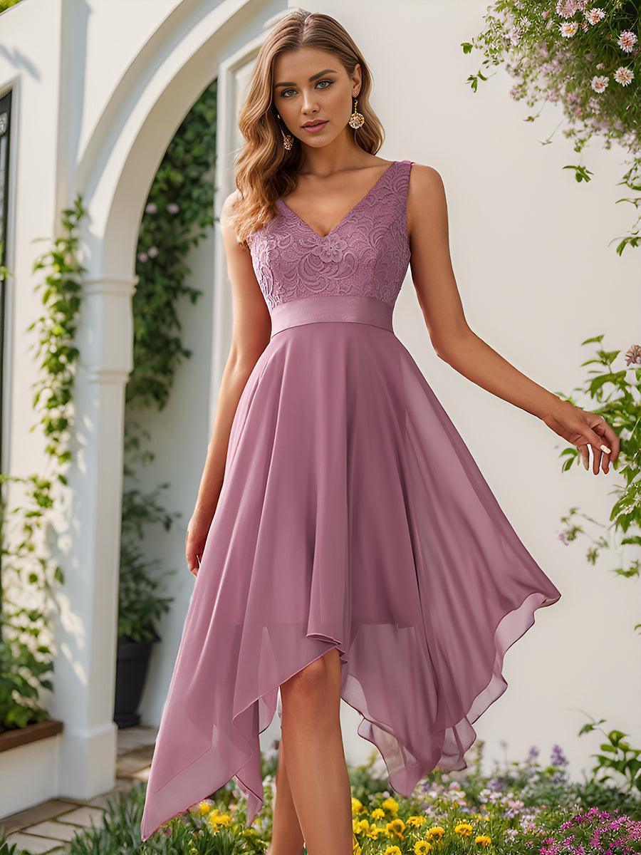 Superbe robe de bal en dentelle et en mousseline de soie à col en V pour femme #Couleur_Orchidee