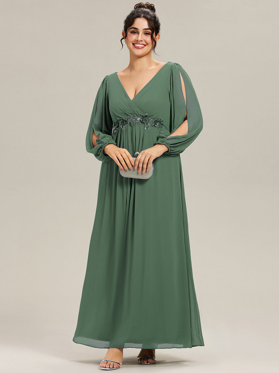 Robe de Soiree Longue Elegante Avec Lanterne en V Profond a Manches Fendues et Appliques #Couleur_Eucalyptus