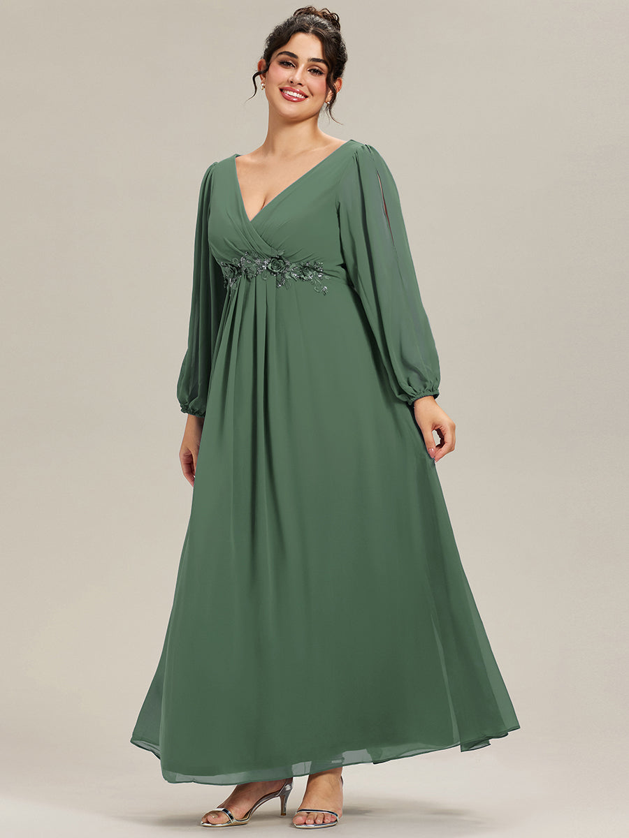 Robe de Soiree Longue Elegante Avec Lanterne en V Profond a Manches Fendues et Appliques #Couleur_Eucalyptus