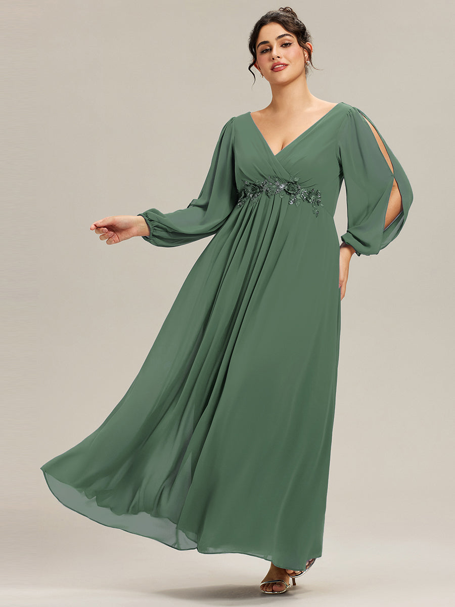 Robe de Soiree Longue Elegante Avec Lanterne en V Profond a Manches Fendues et Appliques #Couleur_Eucalyptus