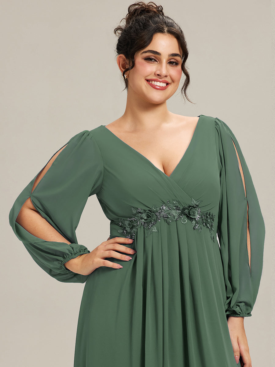 Robe de Soiree Longue Elegante Avec Lanterne en V Profond a Manches Fendues et Appliques #Couleur_Eucalyptus