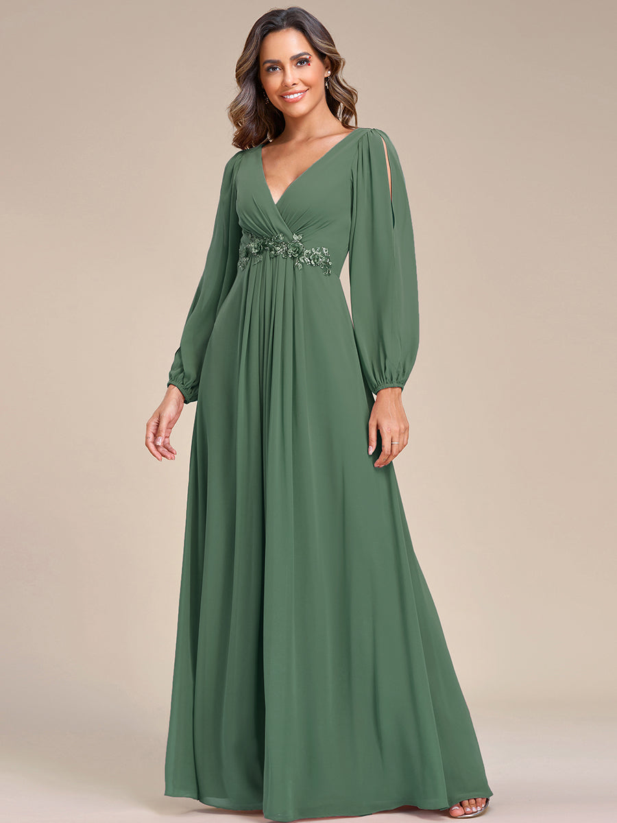 Robe de Soiree Longue Elegante Avec Lanterne en V Profond a Manches Fendues et Appliques #Couleur_Eucalyptus