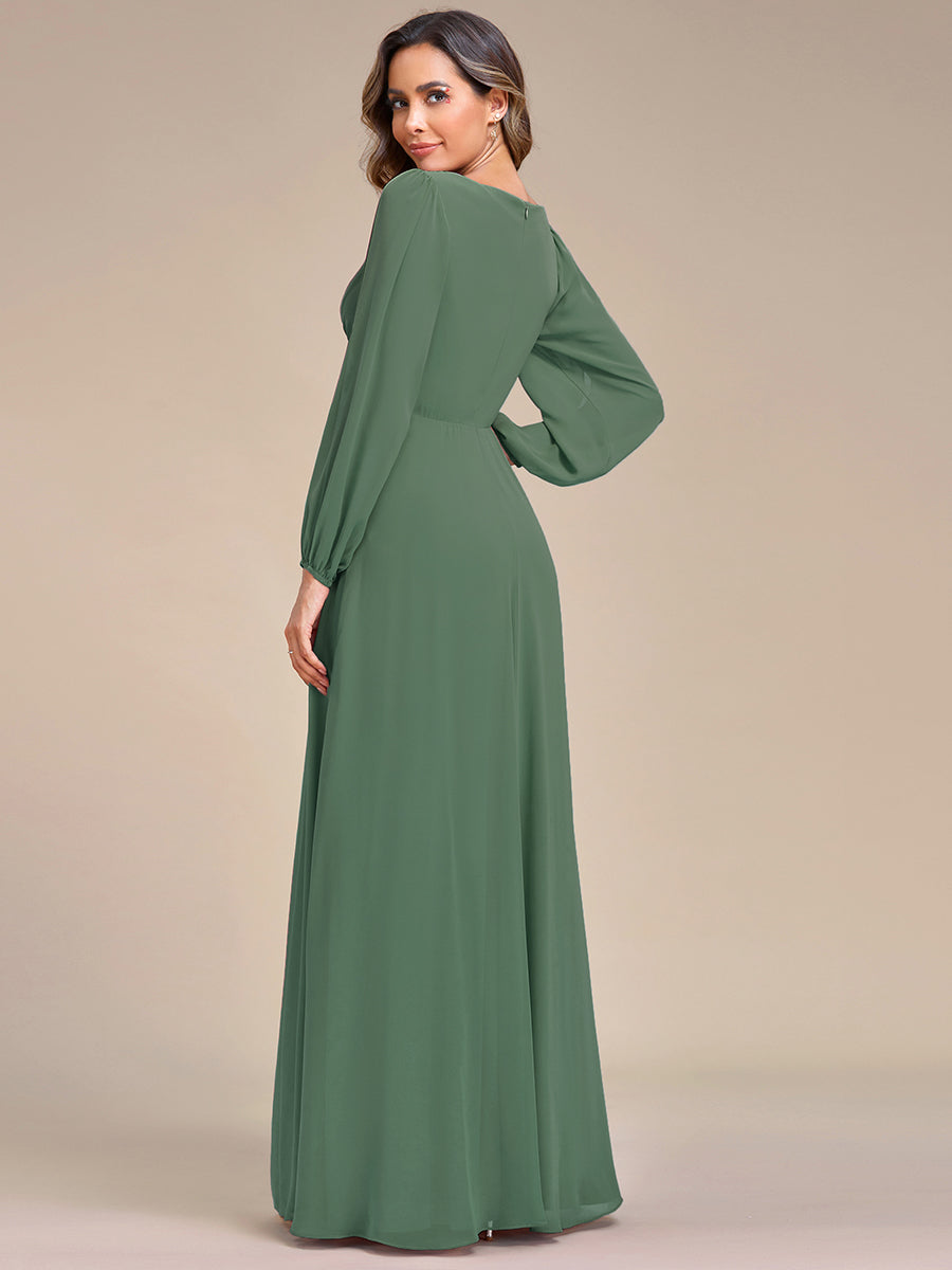 Robe de Soiree Longue Elegante Avec Lanterne en V Profond a Manches Fendues et Appliques #Couleur_Eucalyptus