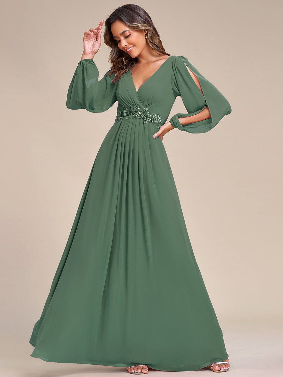 Robe de Soiree Longue Elegante Avec Lanterne en V Profond a Manches Fendues et Appliques #Couleur_Eucalyptus