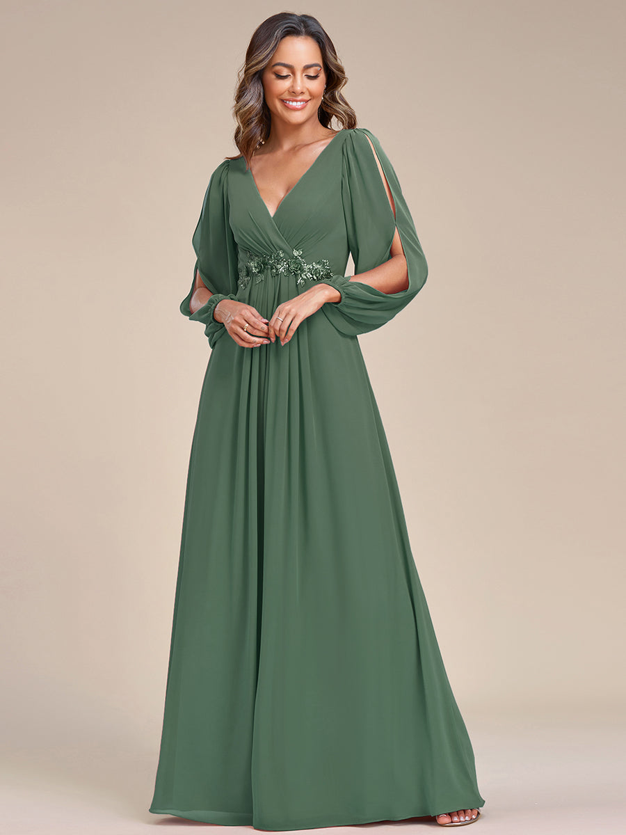 Robe de Soiree Longue Elegante Avec Lanterne en V Profond a Manches Fendues et Appliques #Couleur_Eucalyptus