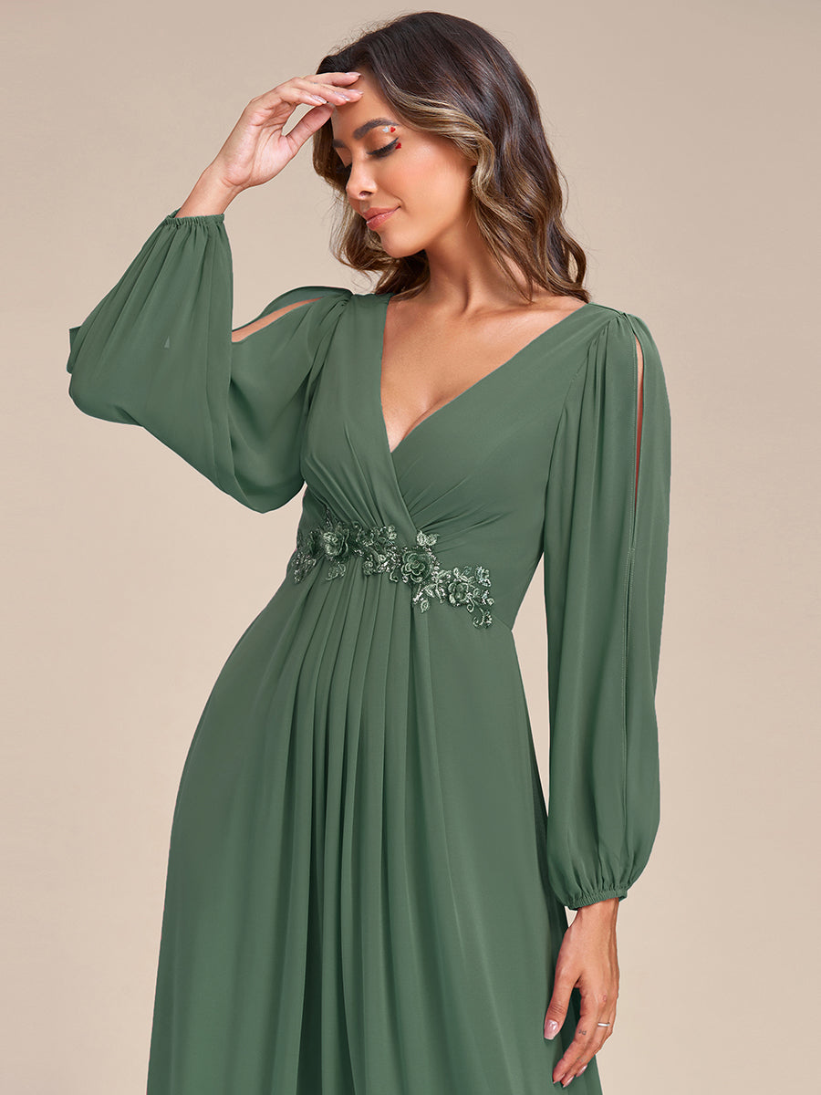 Robe de Soiree Longue Elegante Avec Lanterne en V Profond a Manches Fendues et Appliques #Couleur_Eucalyptus