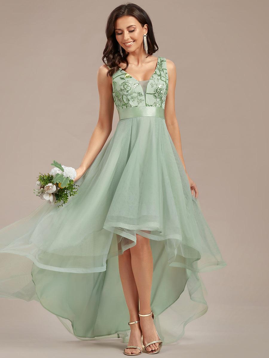 Robes de soirée en Tulle à Paillettes High Low Asymétrique #Couleur_Menthe Verte