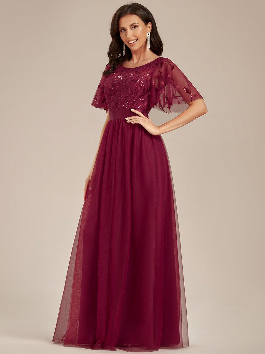 Robes de soirée brodées à manches courtes A-Line pour femmes #Couleur_Bordeaux