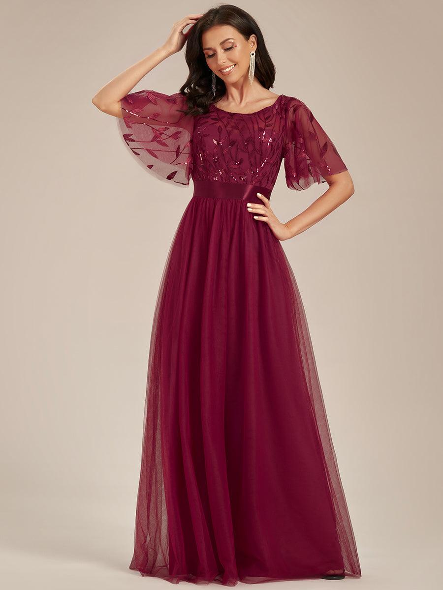 Robes de soirée brodées à manches courtes A-Line pour femmes #Couleur_Bordeaux