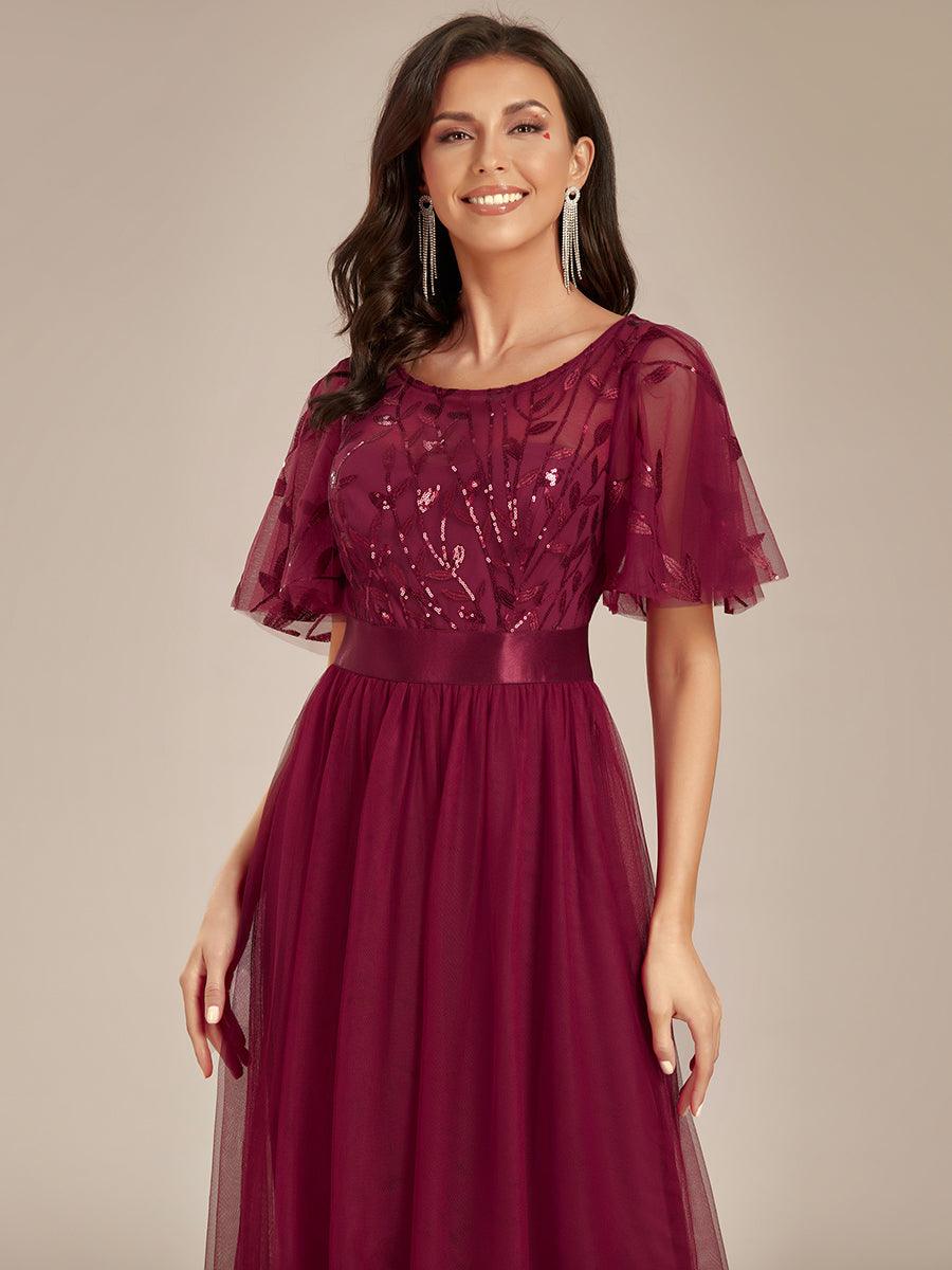 Robes de soirée brodées à manches courtes A-Line pour femmes #Couleur_Bordeaux