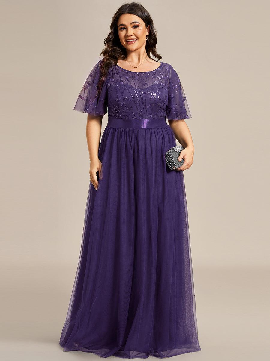 Robe de soirée brodée à manches courtes pour femmes de Grande taille #Couleur_Violet Fonce