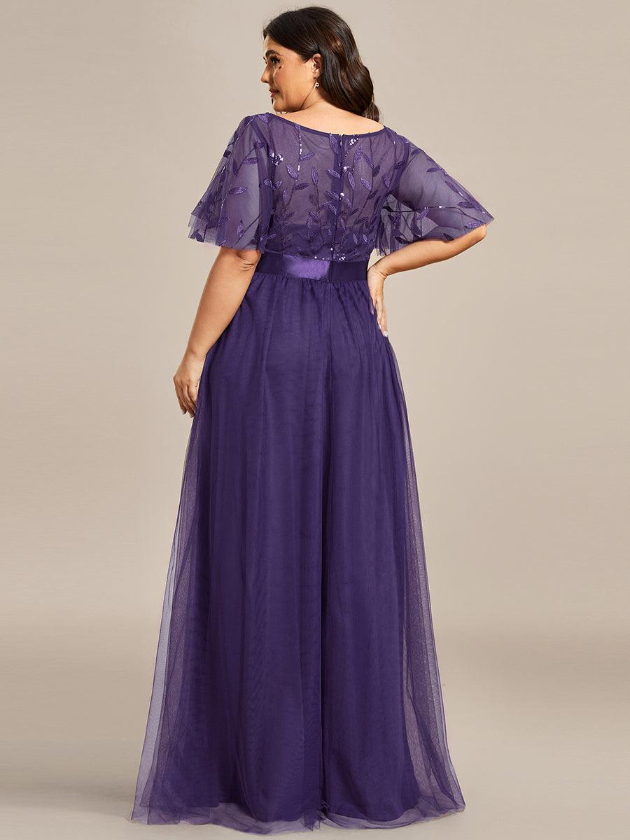 Robe de demoiselle d'honneur Brod¡§|es ¡§¡è manches courtes en ligne A pour femmes #Couleur_Violet Fonce