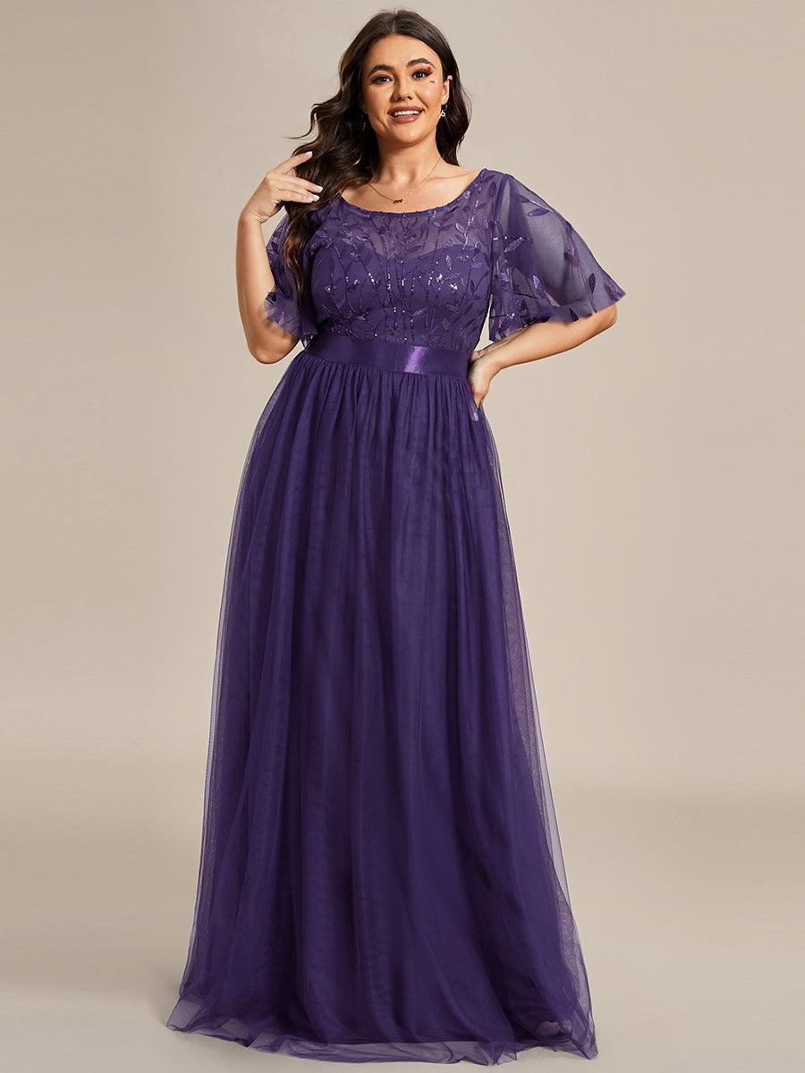 Robe de soirée brodée à manches courtes pour femmes de Grande taille #Couleur_Violet Fonce