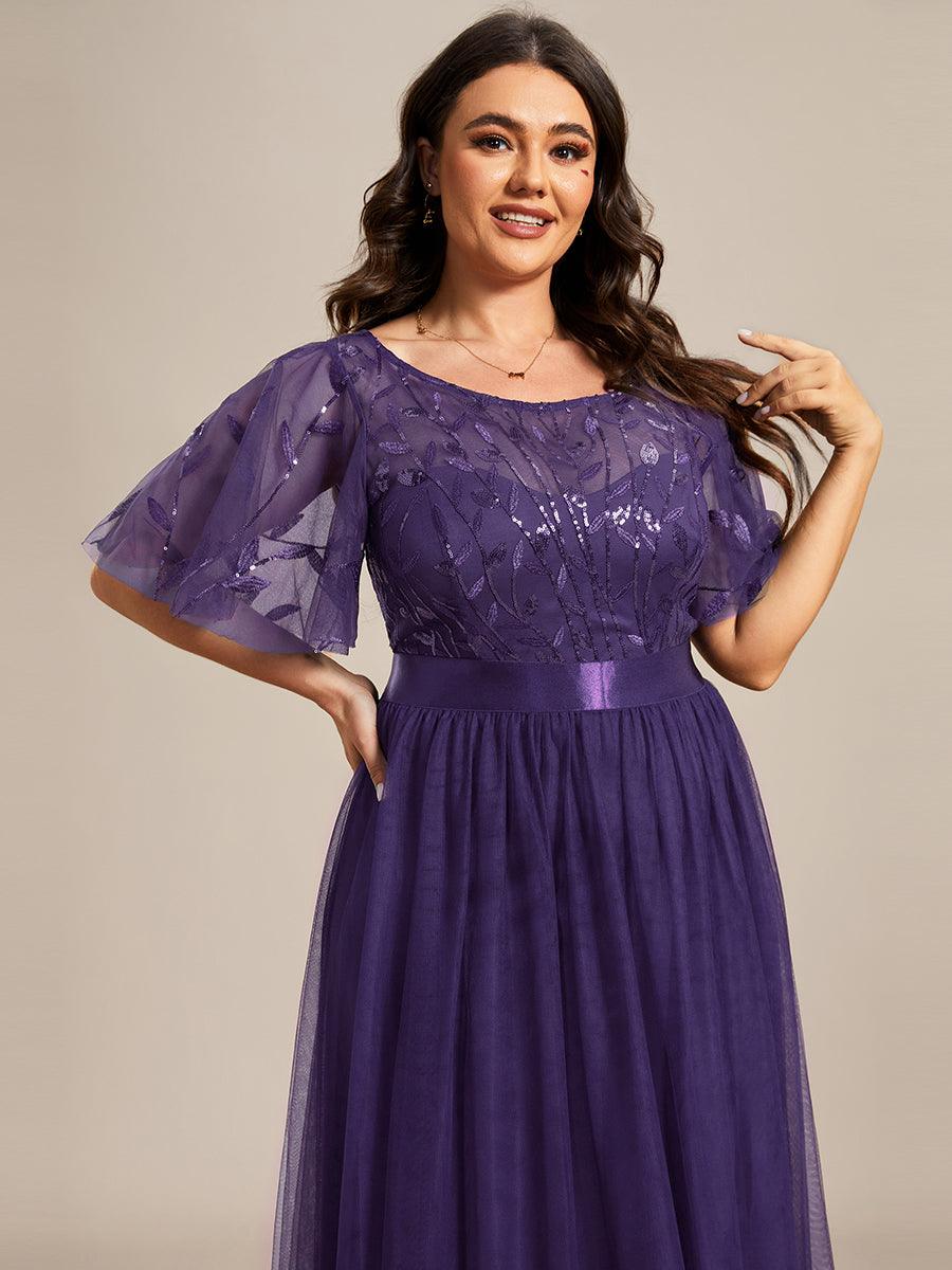 Robe de demoiselle d'honneur Brod¡§|es ¡§¡è manches courtes en ligne A pour femmes #Couleur_Violet Fonce