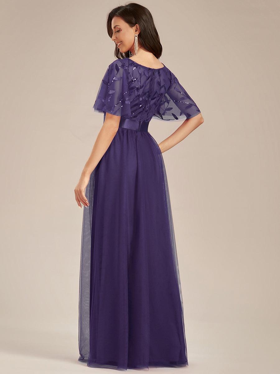 Robe de demoiselle d'honneur Brodées à manches courtes en ligne A pour femmes #Couleur_Violet Fonce