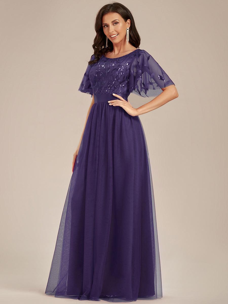 Robe de demoiselle d'honneur Brod¡§|es ¡§¡è manches courtes en ligne A pour femmes #Couleur_Violet Fonce