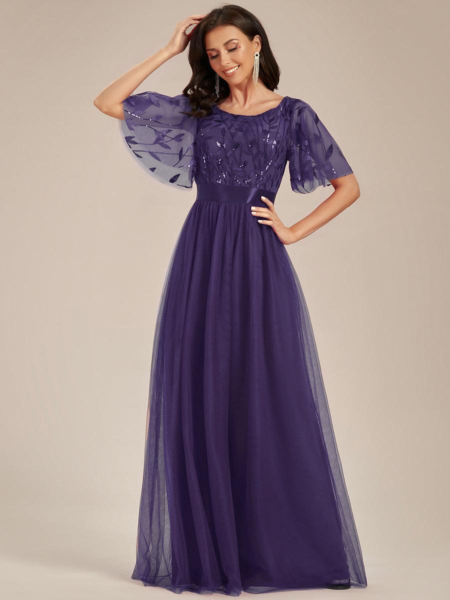 Robe de demoiselle d'honneur Brodées à manches courtes en ligne A pour femmes #Couleur_Violet Fonce