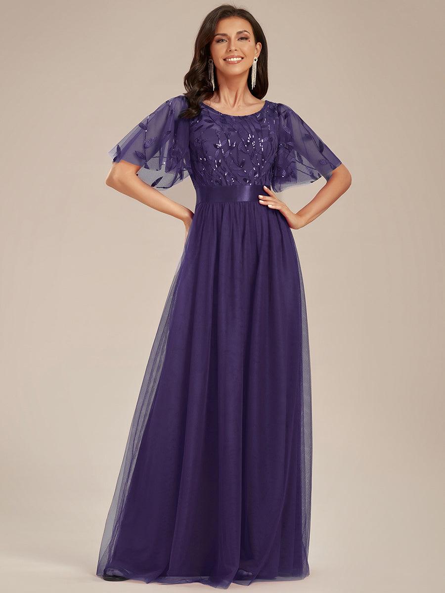 Robe de demoiselle d'honneur Brod¡§|es ¡§¡è manches courtes en ligne A pour femmes #Couleur_Violet Fonce