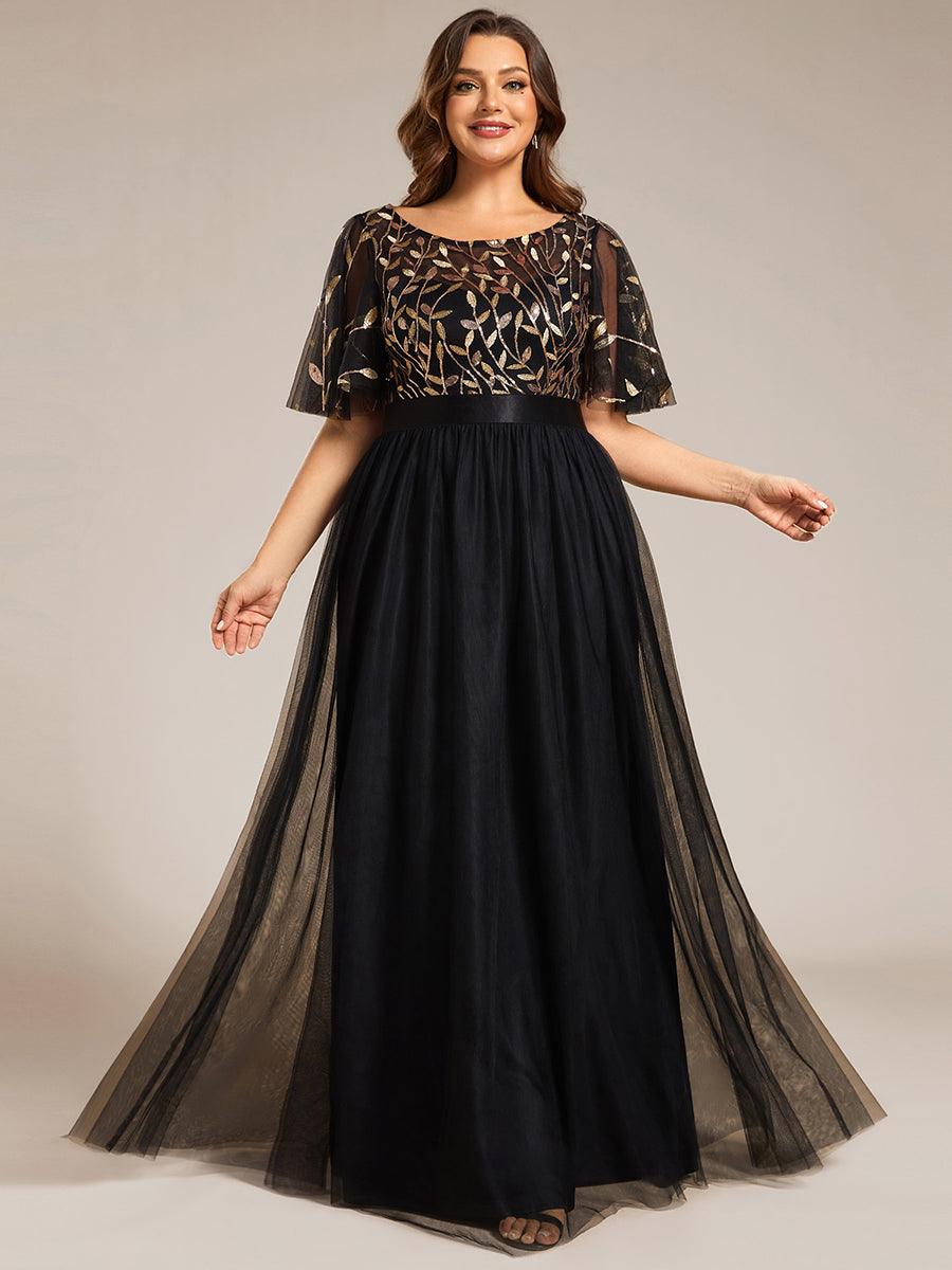 Robe de soirée brodée à manches courtes pour femmes de Grande taille #Couleur_Noir & Or
