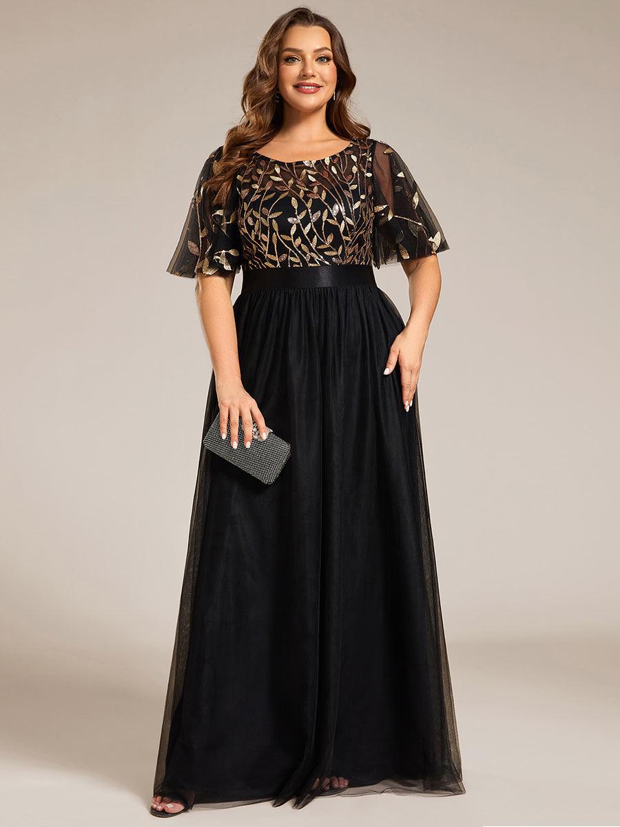 Robe de soirée brodée à manches courtes pour femmes de Grande taille #Couleur_Noir & Or