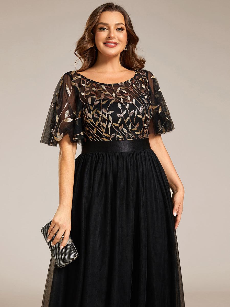 Robe de demoiselle d'honneur Brod¡§|es ¡§¡è manches courtes en ligne A pour femmes #Couleur_Noir & Or