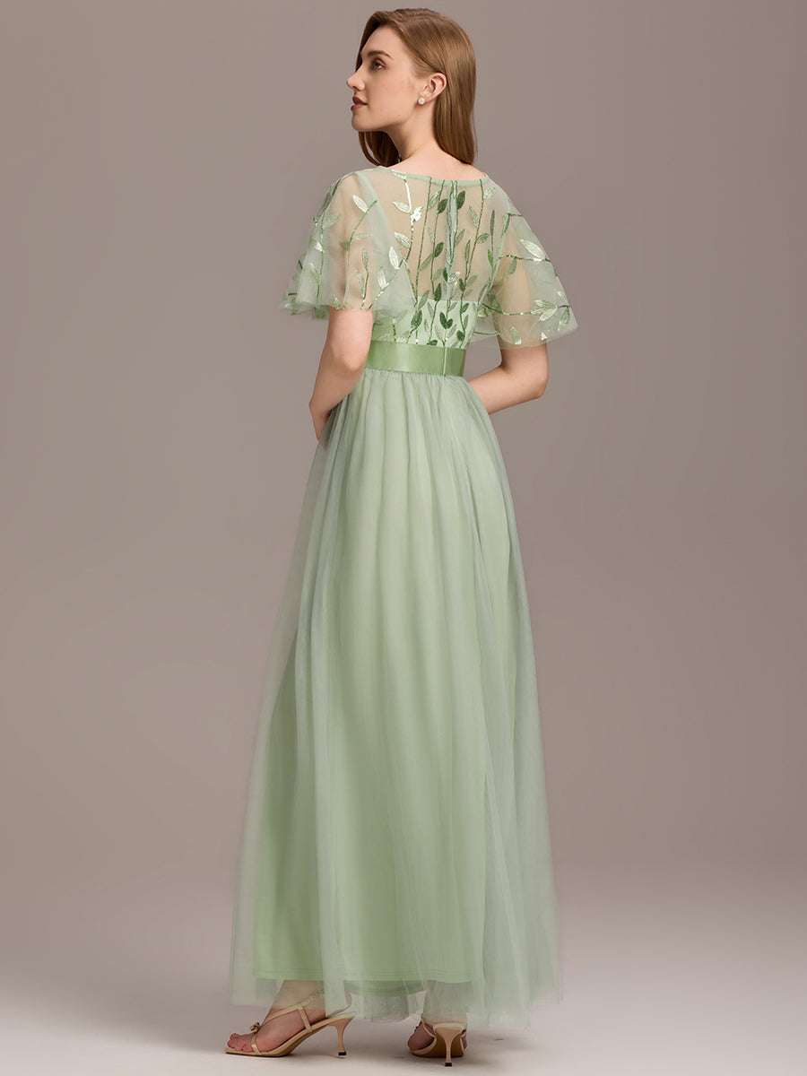 Robe de demoiselle d'honneur Brodées à manches courtes en ligne A pour femmes #Couleur_Menthe Verte