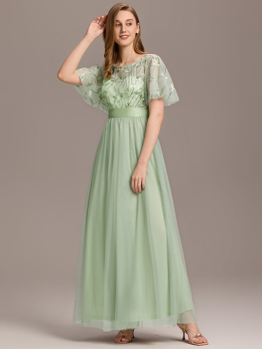 Robe de demoiselle d'honneur Brodées à manches courtes en ligne A pour femmes #Couleur_Menthe Verte