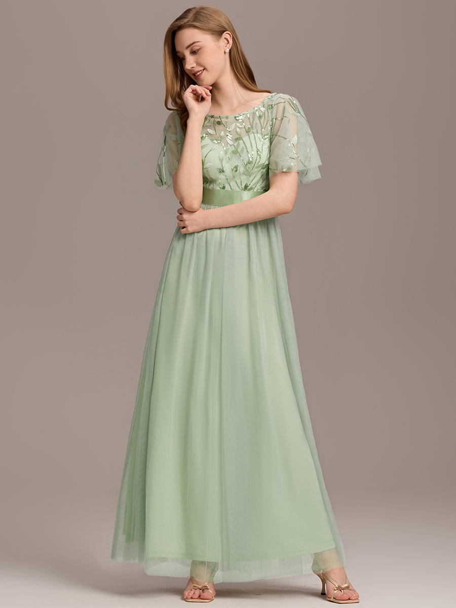 Robe de demoiselle d'honneur Brodées à manches courtes en ligne A pour femmes #Couleur_Menthe Verte