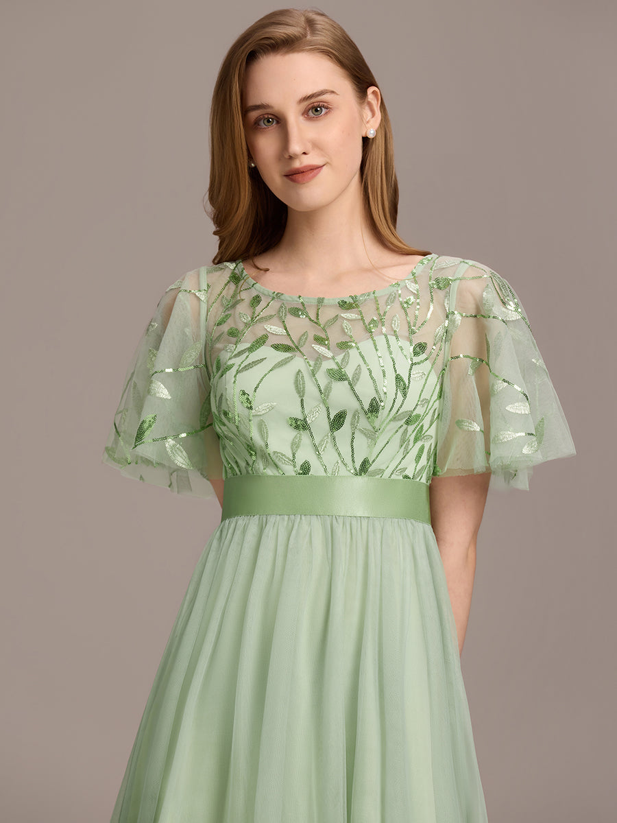 Robe de demoiselle d'honneur Brodées à manches courtes en ligne A pour femmes #Couleur_Menthe Verte