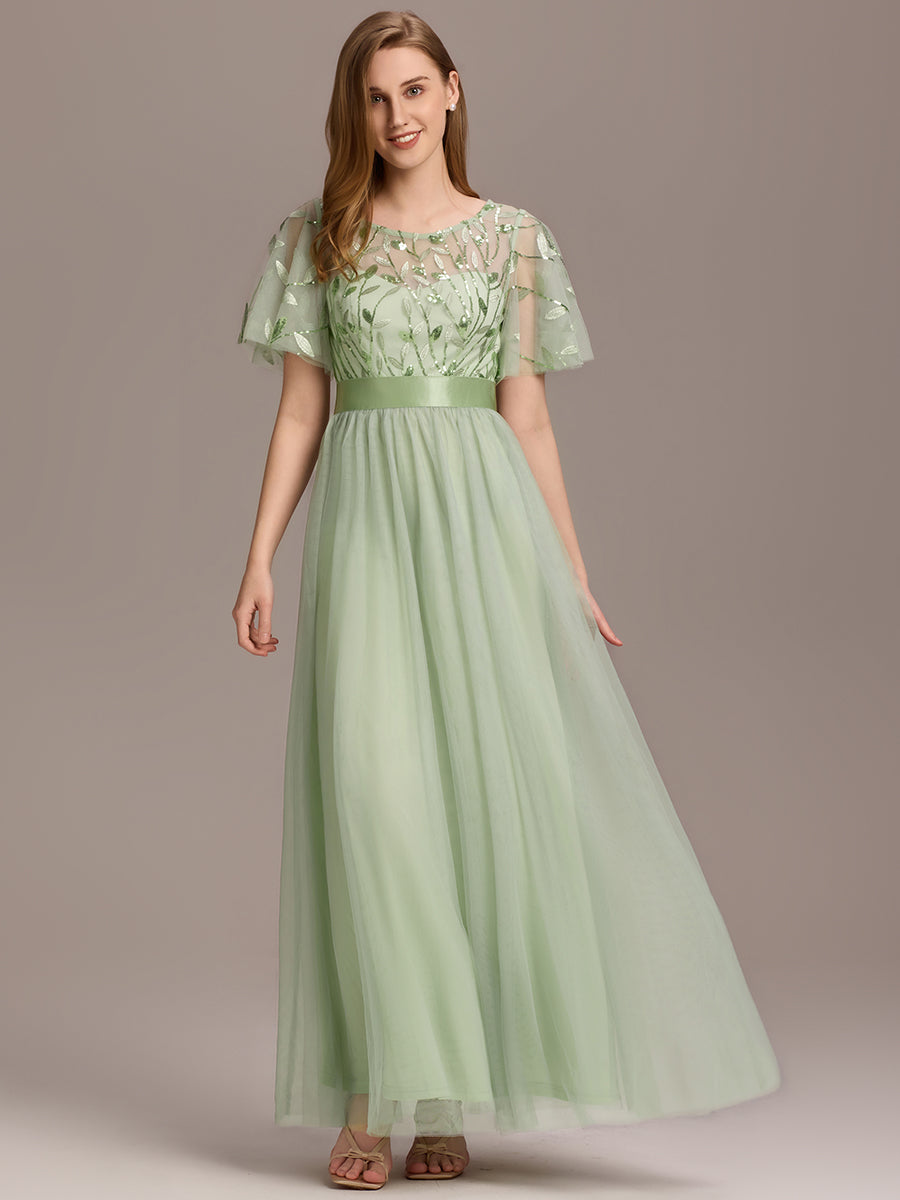 Robe de demoiselle d'honneur Brodées à manches courtes en ligne A pour femmes #Couleur_Menthe Verte
