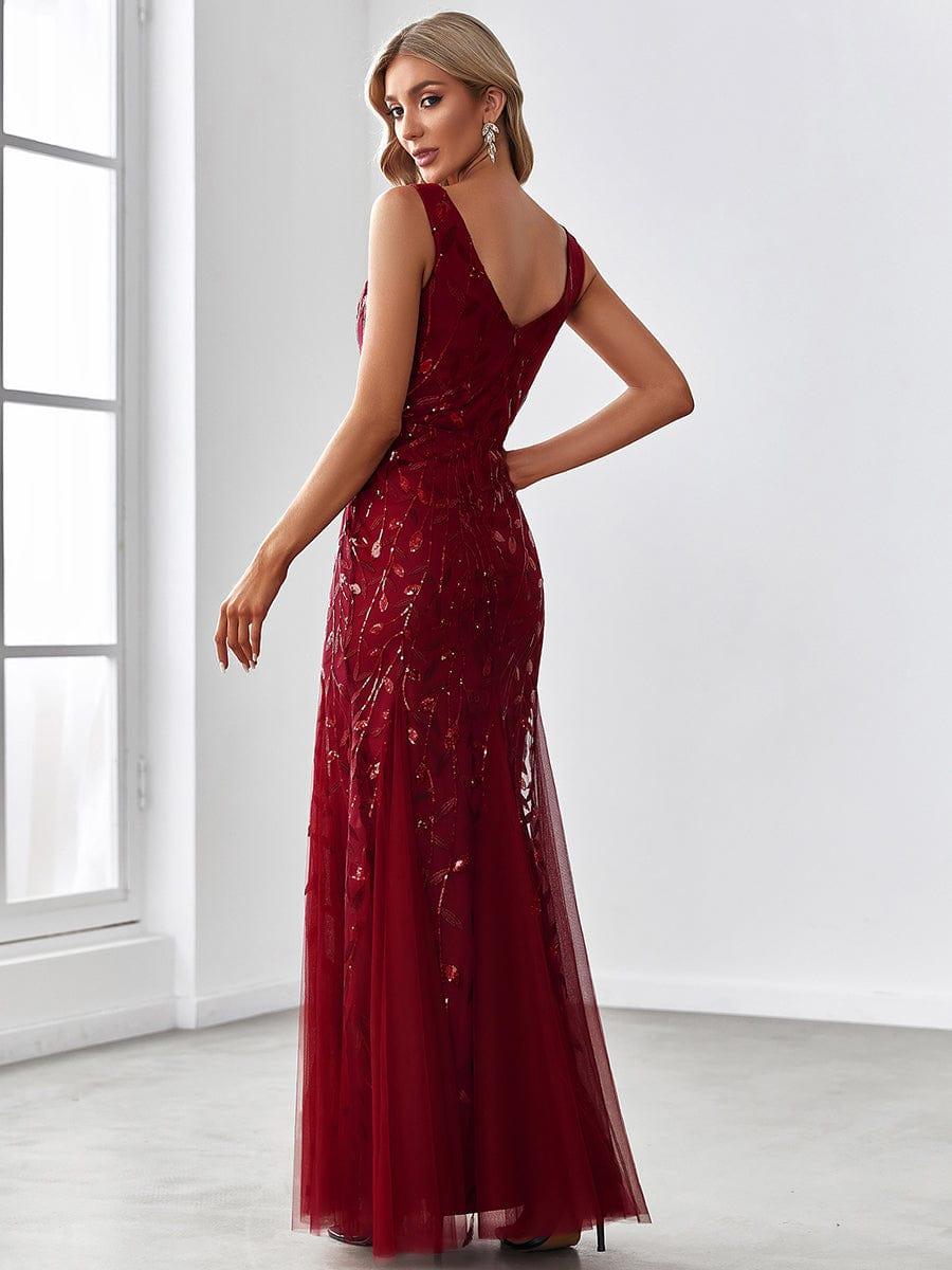 Robe de soirée Longue Sexy en sequins col en V pour femmes #Couleur_Bordeaux