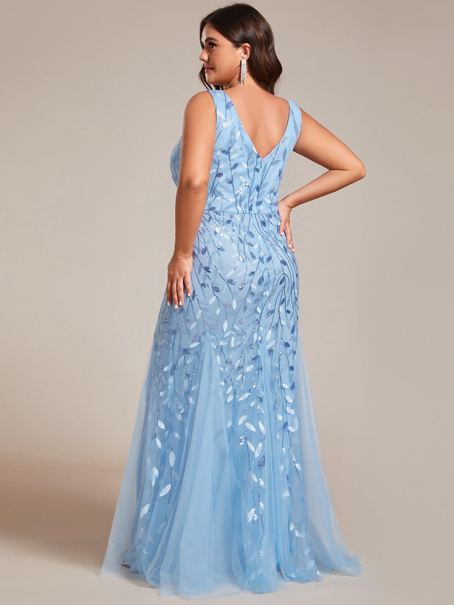 Robe de soirée Longue Sexy en sequins col en V pour femmes #Couleur_Bleu Ciel
