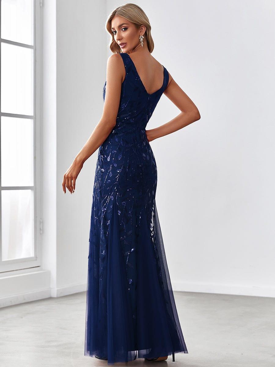 Robe de soirée Longue Sexy en sequins col en V pour femmes #Couleur_Bleu Marine