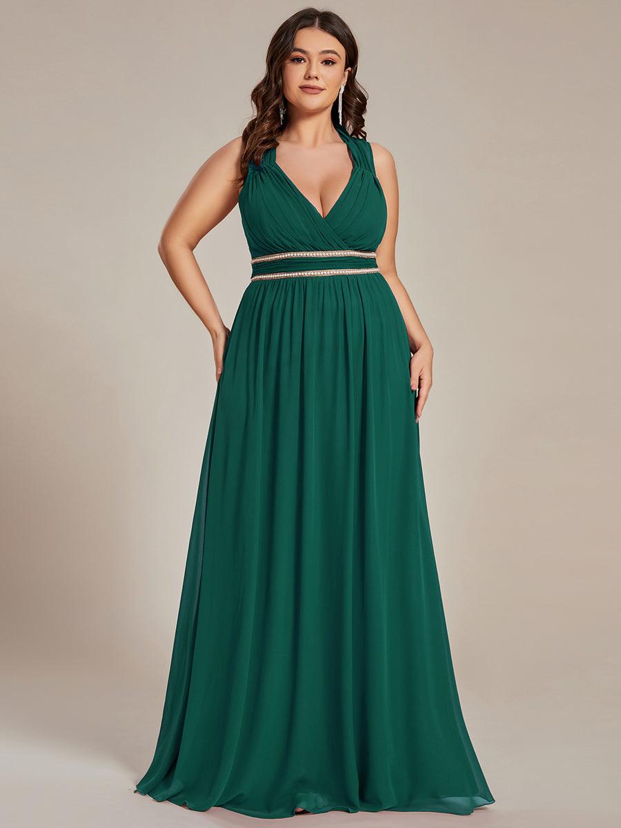 Robe de Soirée A-ligne en Mousseline de Soie avec Ceinture Perlée et Col en V de Grande Taille #Couleur_Vert Fonce