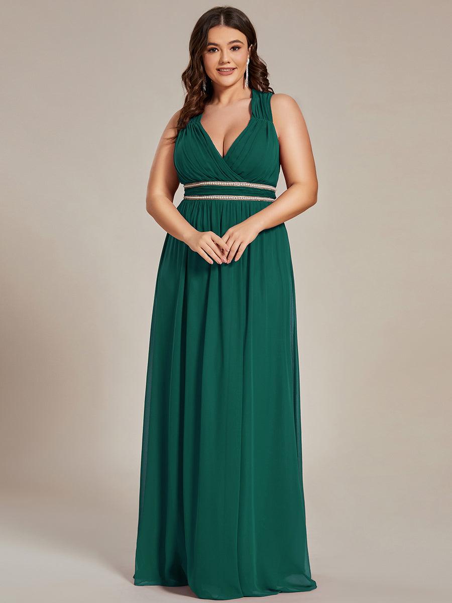 Robe de Soirée A-ligne en Mousseline de Soie avec Ceinture Perlée et Col en V de Grande Taille #Couleur_Vert Fonce