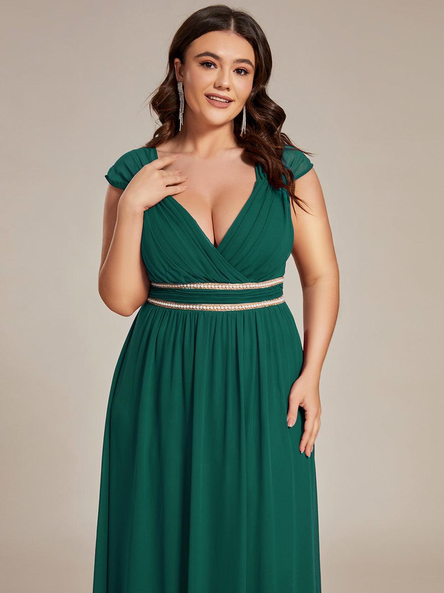 Robe de Soirée A-ligne en Mousseline de Soie avec Ceinture Perlée et Col en V de Grande Taille #Couleur_Vert Fonce